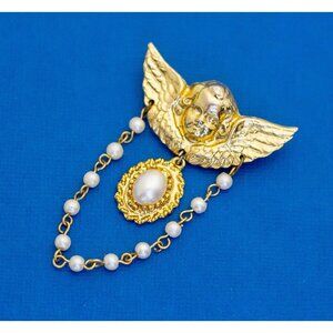 Vintage Gold Tone Faux Pearls Angel Symbol Chain Brooch - D14